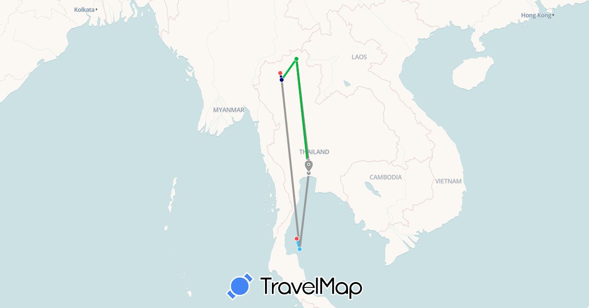 TravelMap itinerary: driving, bus, plane, train, hiking, boat in Thailand (Asia)